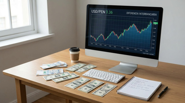 Billetes de dólar y soles sobre un escritorio con una pantalla que muestra la cotización USD/PEN, estilo financiero y claro, horizontal