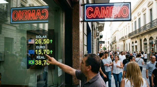ventanilla de una casa de cambio en una ciudad argentina con el letrero