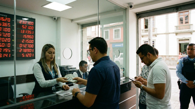mostrador de una casa de cambio en Medellín con cartel luminoso que indique tasas, persona recibiendo billetes y otra consultando su teléfono; enfoque en seguridad y profesionalism