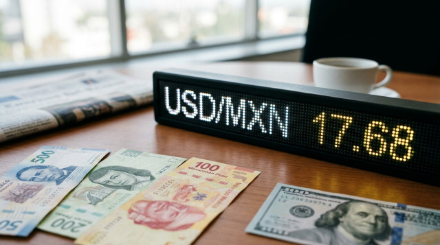 primer plano de billetes de peso mexicano y un billete de dólar sobre una mesa, enfoque en la cifra 'USD/MXN' en una pantalla electrónica de cotizaciones, estilo financiero, horizo