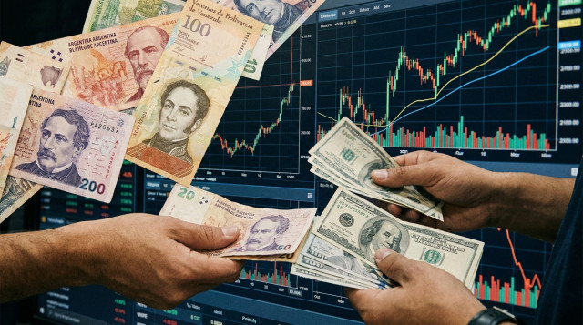 fotomontaje horizontal de billetes locales y billetes estadounidenses sobre una pantalla con gráficos cambiarios, enfoque en manos intercambiando efectivo y el texto alternativo in
