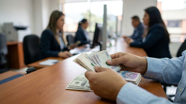 primer plano de billetes en pesos colombianos y billetes en dólares sobre una mesa, enfoque en manos contando dinero, ambiente de oficina bancaria, horizontal
