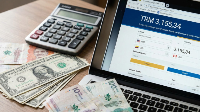 primer plano de billetes de dólar y pesos colombianos sobre un escritorio con una calculadora y la pantalla de un sitio web de cotizaciones que muestre