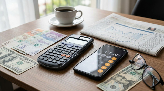 billetes de peso colombiano y billetes de dólar sobre una mesa, con foco en una calculadora y un celular mostrando la cifra