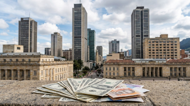 vista panorámica de un centro financiero de Bogotá con billetes de dólar y peso en primer plano, enfoque nítido, horizontal