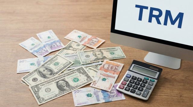 fotocomposición horizontal de billetes de dólares y pesos colombianos sobre una mesa con una calculadora y la palabra 'TRM' visible en una pantalla de ordenador, iluminación neutra