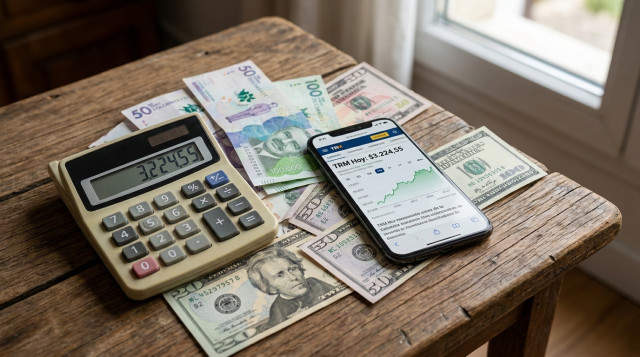 primer plano de billetes de peso colombiano y billetes de dólar americano sobre una mesa, con una calculadora y un teléfono mostrando una página de cotización