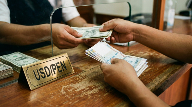 caja de cambio en primer plano con billetes de dólares y soles sobre la mesa, con un letrero discreto que muestre 
